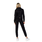 Ea7 black hooded jumpsuit with zip and pockets shown with matching emporio armani black hoodie and joggers set