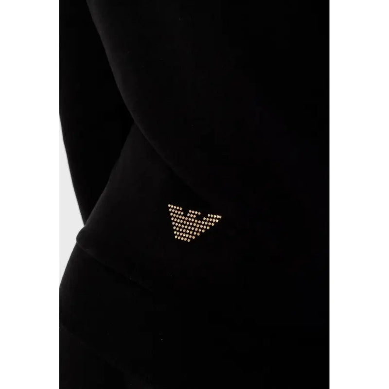 Ea7 black hooded jumpsuit in velvet featuring a sparkling gold-tone embroidered eagle logo with zip and pockets