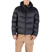 Black down jacket with hood and zipper, 6.57 logo on chest