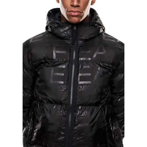 Black ea7 emporio armani puffer jacket with camouflage pattern and hood.