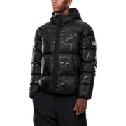Black ea7 emporio armani down jacket with hood and logo print.
