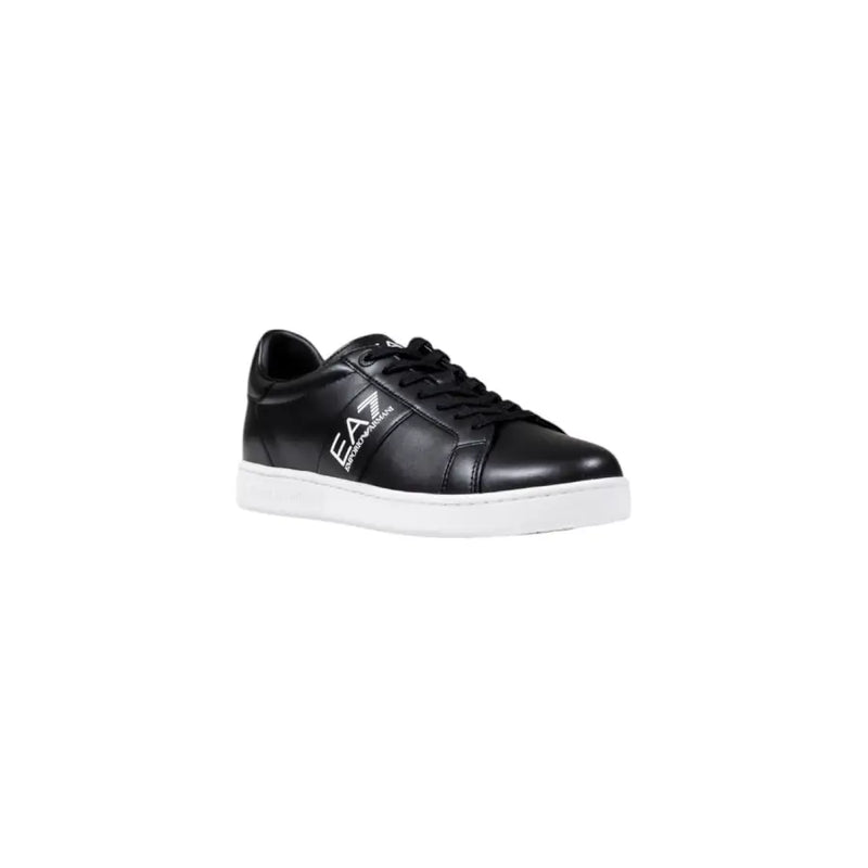 Ea7 black leather men’s sneakers with white rubber sole and contrasting logo on the side