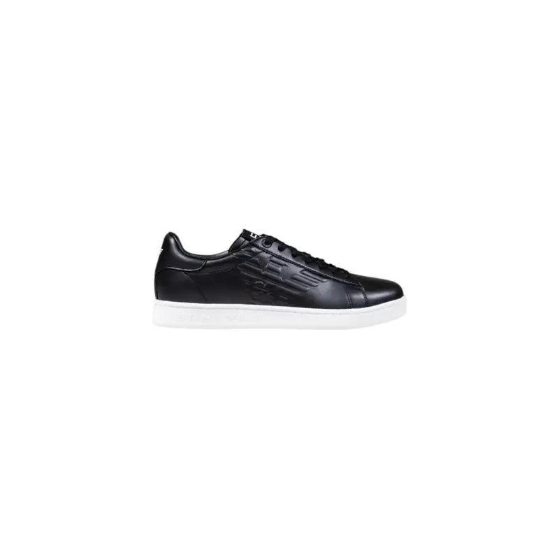 Ea7 baskets basses en cuir noir pour hommestop Baskets avec semelle en caoutchouc blanc et logo aigle en relief sur le côté