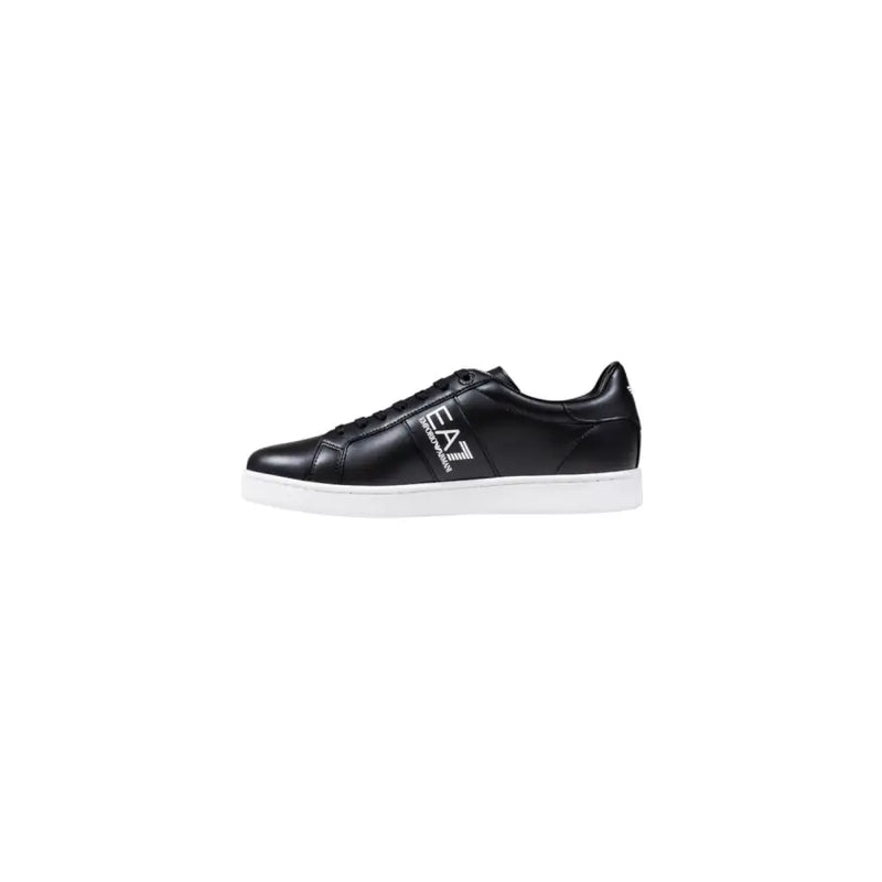 Ea7 black leather men’s sneaker with white rubber sole and logo branding on the side