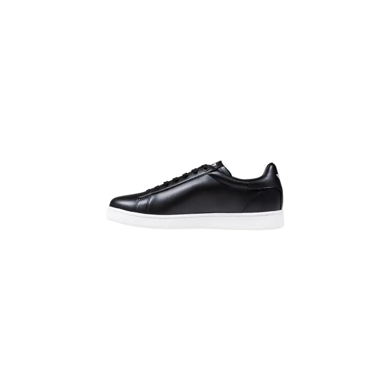 Ea7 black leather men’s low-top sneaker featuring a white rubber sole in a classic casual design