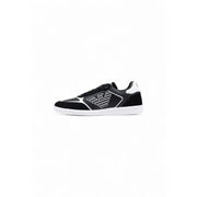 EA7 black leather slip on sneakers for men with black and white suede and synthetic overlays and sleek modern design