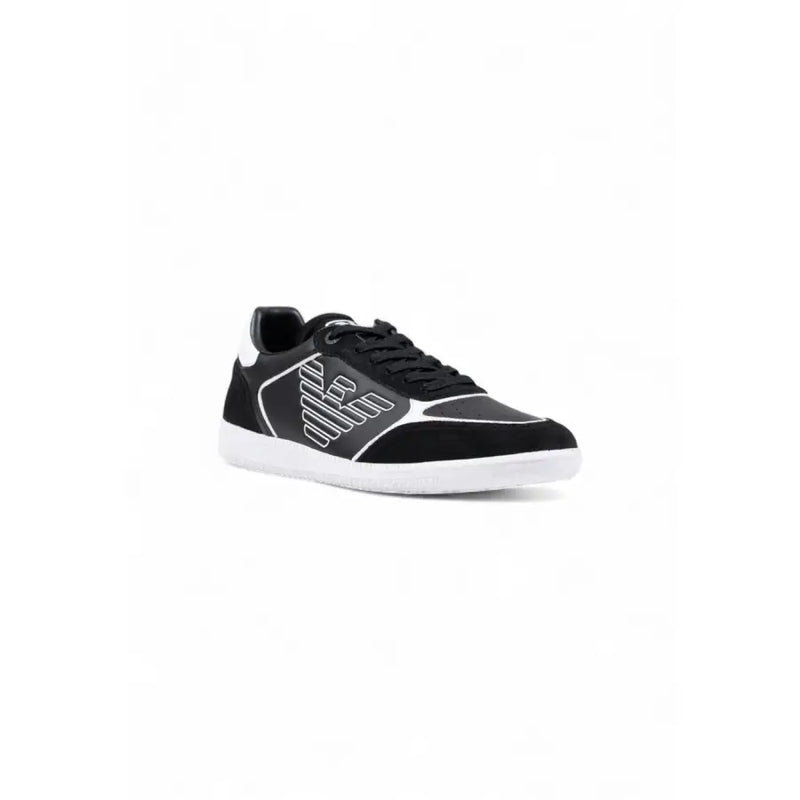 Ea7 black leather slip on sneakers for men featuring black and white suede upper with stitched detailing and eagle logo