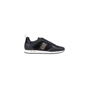 Emporio armani black and gold sneakers with mesh accents.