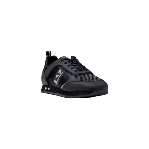 Black ea7 sneaker with mesh upper and rubber sole, featuring a logo on the side.