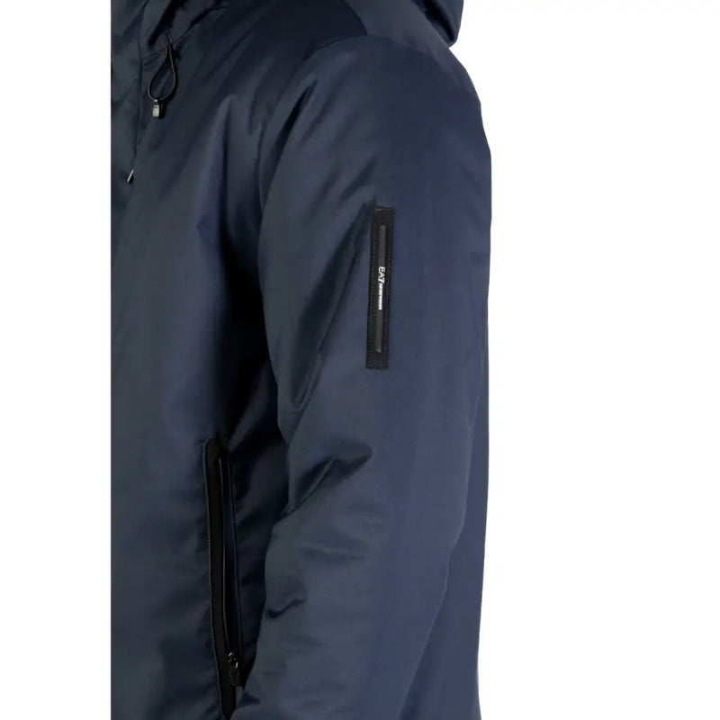 Ea7 blue hooded polyester jacket for men in dark navy blue with waterproof fabric and black branding patch on the sleeve