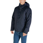 Ea7 blue hooded polyester jacket for men in dark navy with sleek modern design and subtle sleeve branding