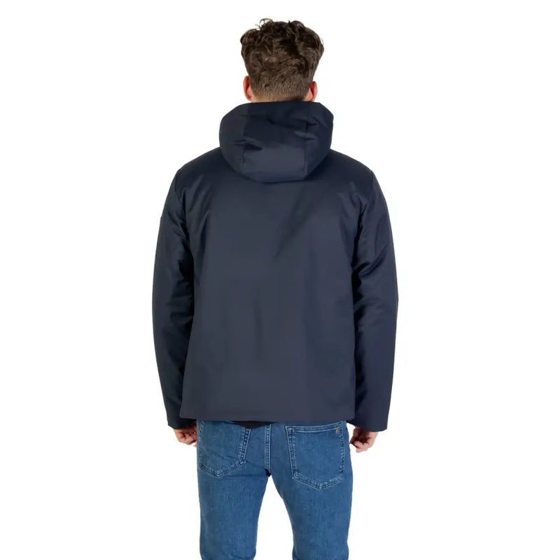 Navy blue hooded jacket with a water-resistant finish and durable fabric, designed for outdoor activities.