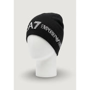 Ea7 Bonnet en maille noire pour homme avec logo Emporio Armani ea7 brodé en blanc, vue de face