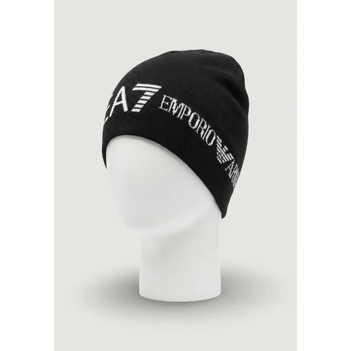 Ea7 Bonnet en maille noire pour homme avec logo Emporio Armani ea7 brodé en blanc, vue de face
