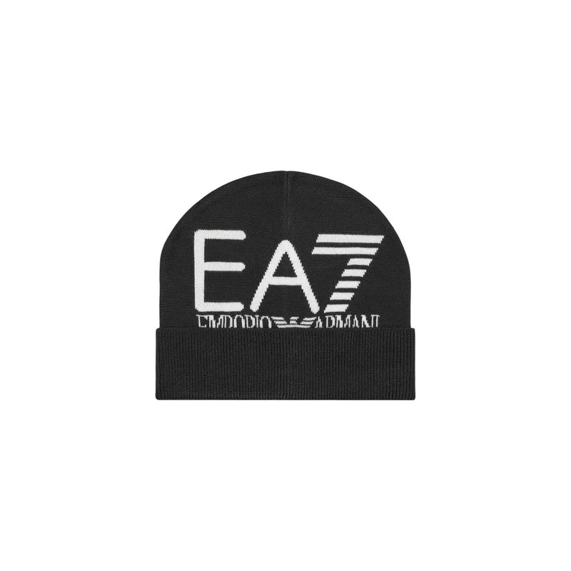 Bonnet Emporio Armani EA7 pour homme, noir, avec logo blanc et broderie Emporio Armani, vue de face