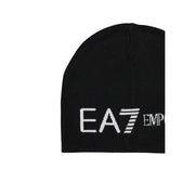 Bonnet EA7 noir en maille pour homme avec logo Emporio Armani EA7 blanc brodé sur le devant (vue de face)