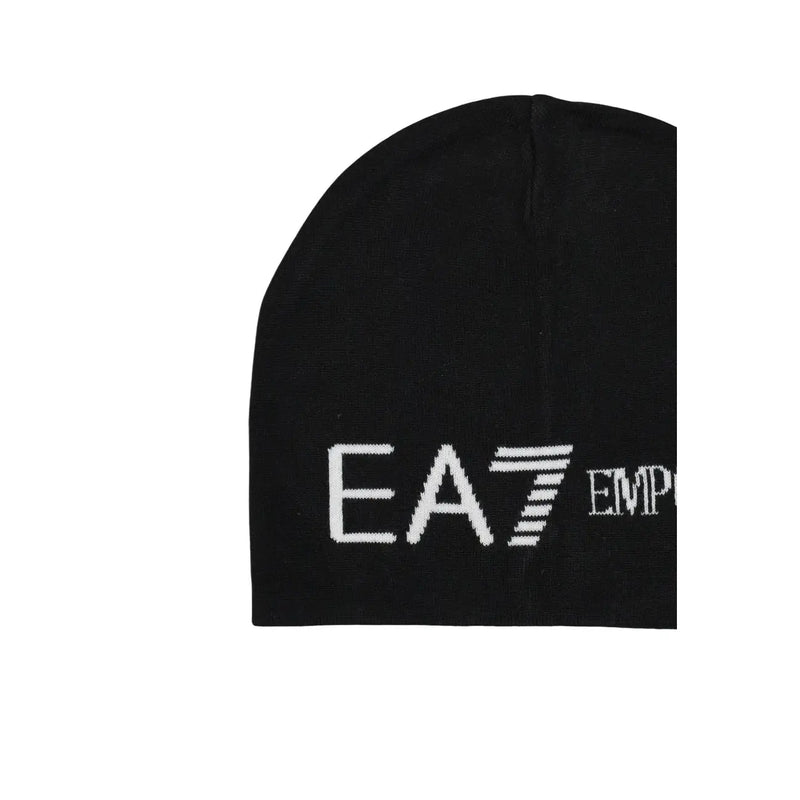 Bonnet EA7 noir en maille pour homme avec logo Emporio Armani EA7 blanc brodé sur le devant (vue de face)