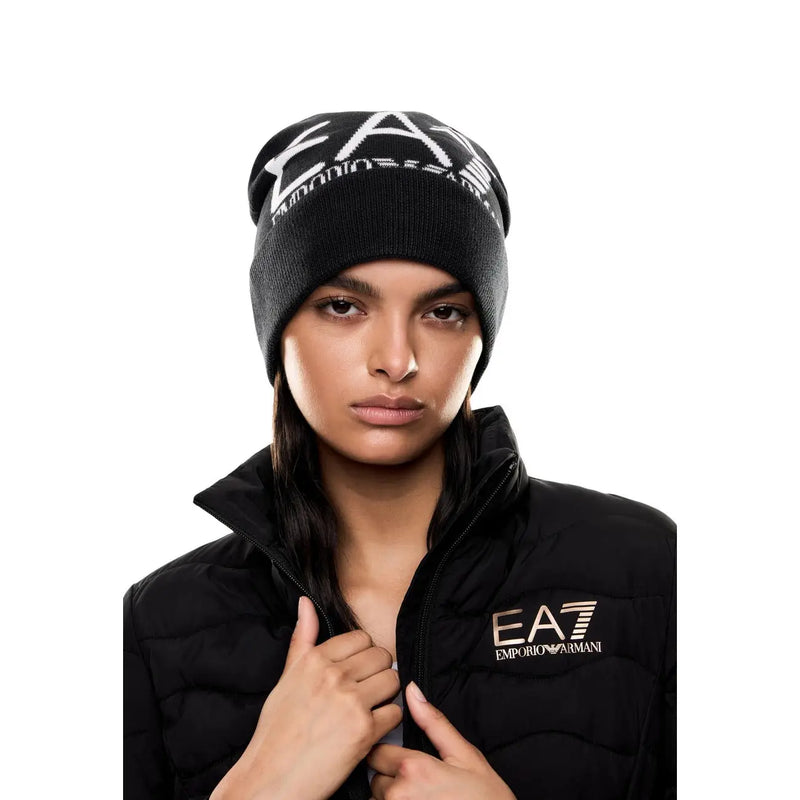 Ea7 Bonnet tricoté noir pour homme avec logo ea7 brodé en blanc, vue de face
