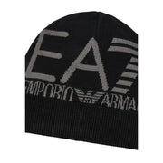 Ea7 Bonnet tricoté noir pour homme avec logo EA7 gris et emblème de l'aigle Emporio, vue de face