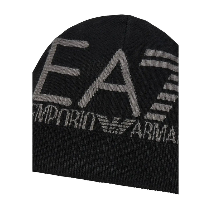 Ea7 Bonnet tricoté noir pour homme avec logo EA7 gris et emblème de l'aigle Emporio, vue de face