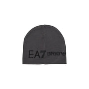 Ea7 Bonnet en maille pour homme, gris foncé avec logo brodé noir, vue de face