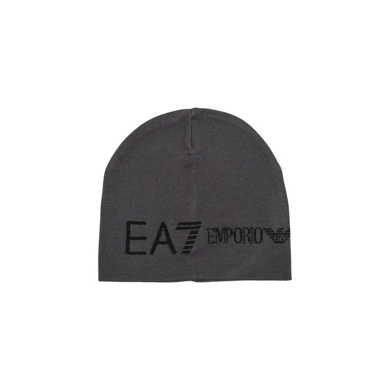 Ea7 Bonnet en maille pour homme, gris foncé avec logo brodé noir, vue de face