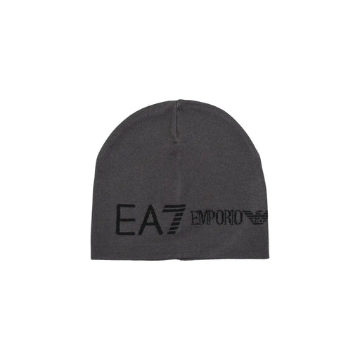 Ea7 Bonnet en maille pour homme, gris foncé avec logo brodé noir, vue de face