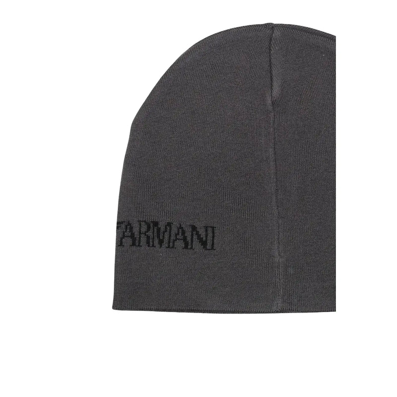 Ea7 Bonnet tricoté pour homme gris foncé avec broderie Armani sur le côté, vue de profil