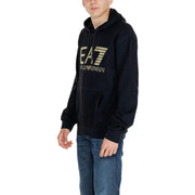 Dark blue men’s hooded sweatshirt with gold EA7 EMPORIO ARMANI logo and front kangaroo pocket