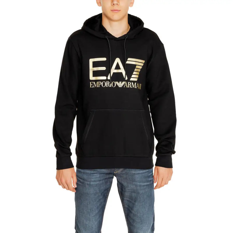 Men’s black EA7 Emporio Armani hooded sweatshirt with gold logo and front pockets