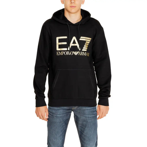 Men’s black EA7 Emporio Armani hooded sweatshirt with gold logo and front pockets