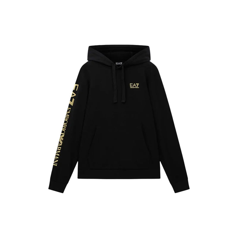 Ea7 Sweat à capuche noir en coton pour homme, avec logo doré sur la manche et la poitrine, idéal pour une tenue décontractée.