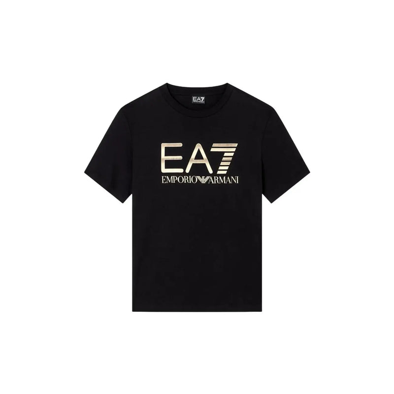 Black short-sleeved cotton t-shirt for men featuring a prominent gold ea7 emporio armani logo across the chest