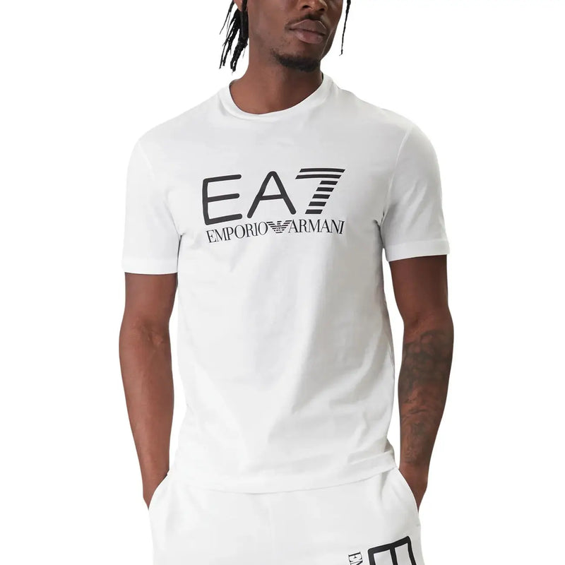 White ea7 emporio armani men t-shirt with black logo and striped design ideal for casual wear