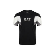 Black ea7 emporio armani men t-shirt with white and gray geometric panel accents on the sleeves