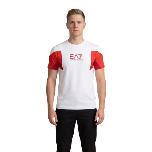 White Ea7 Emporio Armani men t-shirt with red geometric shoulder panels and matching chest logo in cotton fabric
