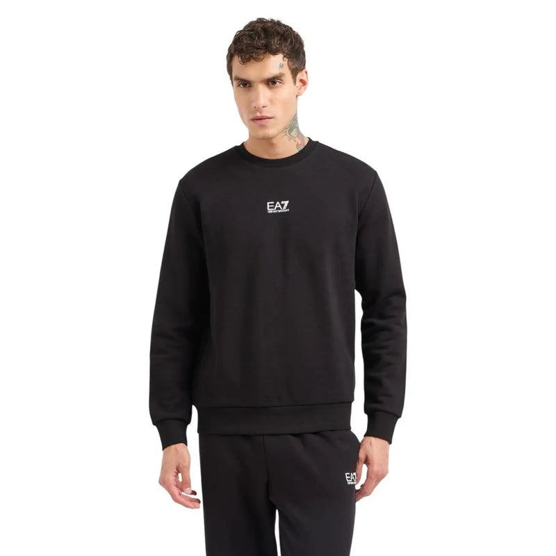 Ea7 Sweat-shirt noir en coton pour homme, col rond, avec logo blanc discret sur la poitrine, idéal pour une tenue décontractée.