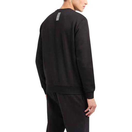 Ea7 men black cotton sweatshirt round neck with white vertical stripe logo on the back side