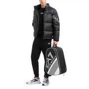 Black and white ea7 emporio armani tennis bag with bold diagonal stripes and logo branding alongside ea7 men black cotton sweatshirt round neck