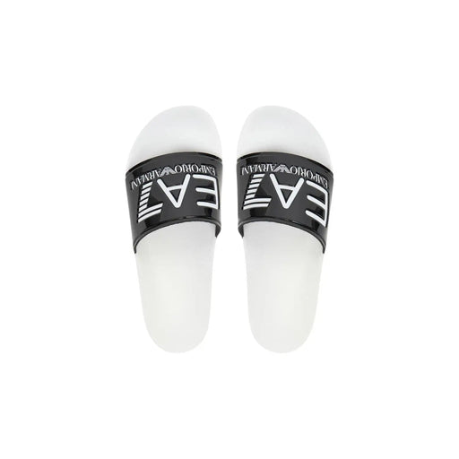 Ea7 Pantoufles noires en PVC pour hommes, inspirées des sandales Emporio Armani blanches à bride noire et logo blanc.
