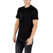 Men’s black crew neck T shirt with tonal logo print on chest from Ea7 Men collection