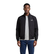 Ea7 men black polyamide bomber jacket with subtle white logo on left chest and zip turtleneck design