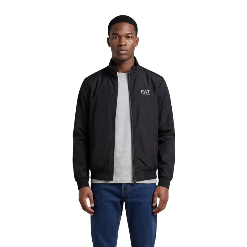 Ea7 men black polyamide bomber jacket with subtle white logo on left chest and zip turtleneck design