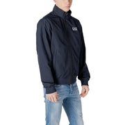 Blazer homme ea7 bleu marine à col roulé zippé, veste de survêtement en polyamide avec logo blanc sur la poitrine