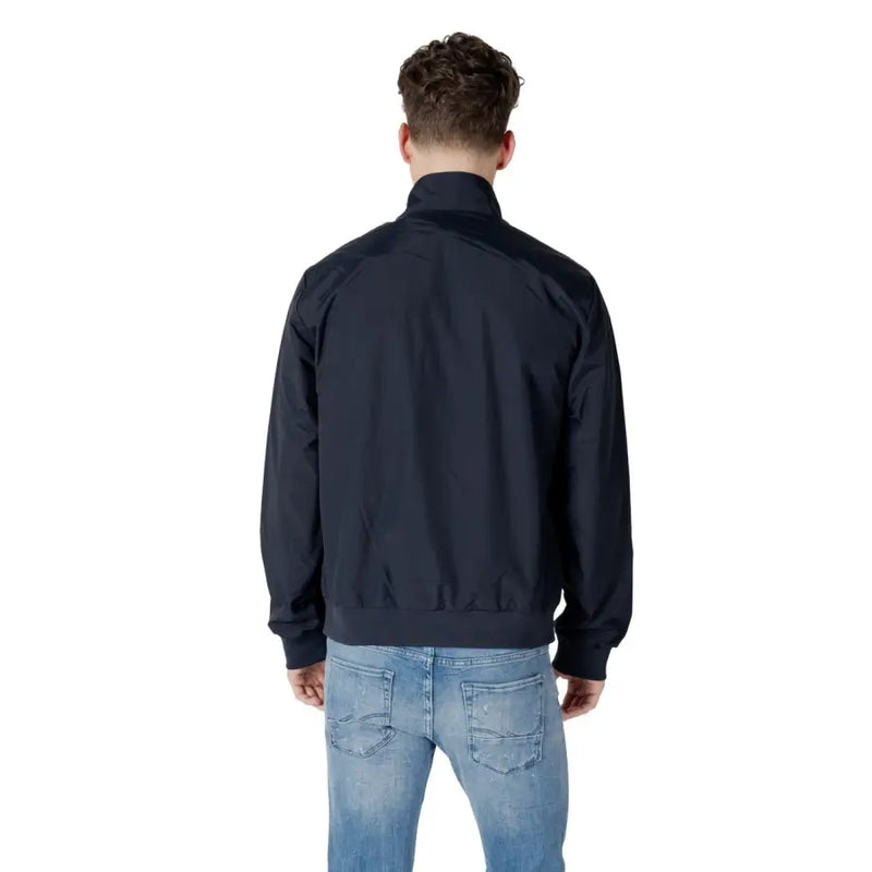 Ea7 Blouson aviateur pour homme en polyamide noir et nylon, col montant, poignets côtelés et détail blazer à col roulé zippé bleu