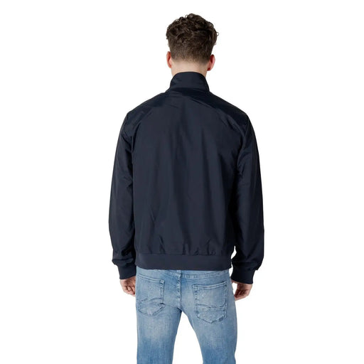 Ea7 men polyamide black nylon bomber jacket with high collar ribbed cuffs and blue zip turtleneck blazer detail