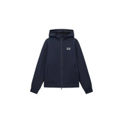 Sweat à capuche zippé bleu marine foncé ea7 pour homme en polyamide avec logo blanc sur la poitrine gauche, idéal pour l'automne et l'hiver.