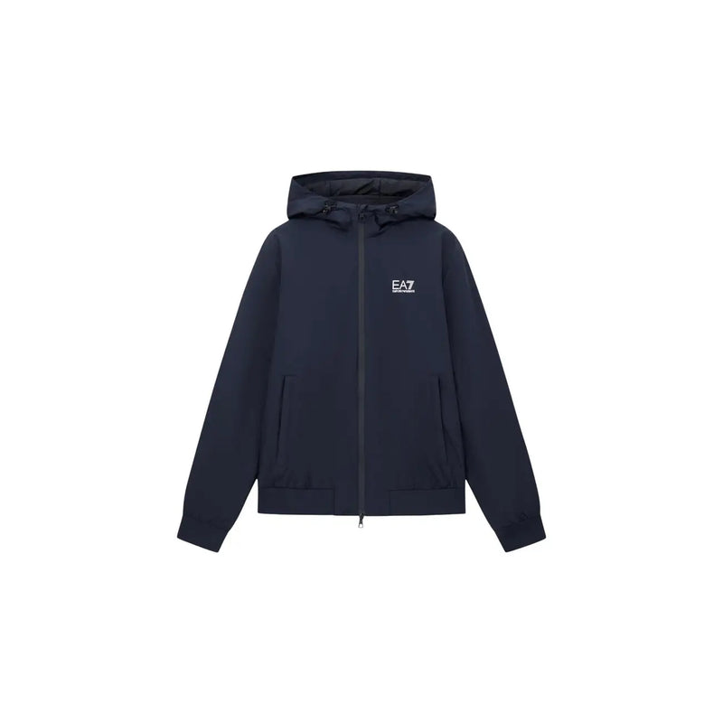 Sweat à capuche zippé bleu marine foncé ea7 pour homme en polyamide avec logo blanc sur la poitrine gauche, idéal pour l'automne et l'hiver.