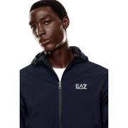 Veste à capuche zippée bleu marine pour homme ea7 en polyamide avec logo blanc, idéale pour l'automne et l'hiver.