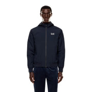 Sweat à capuche zippé bleu marine ea7 pour homme en polyamide avec logo blanc sur la poitrine, idéal pour l'automne et l'hiver.